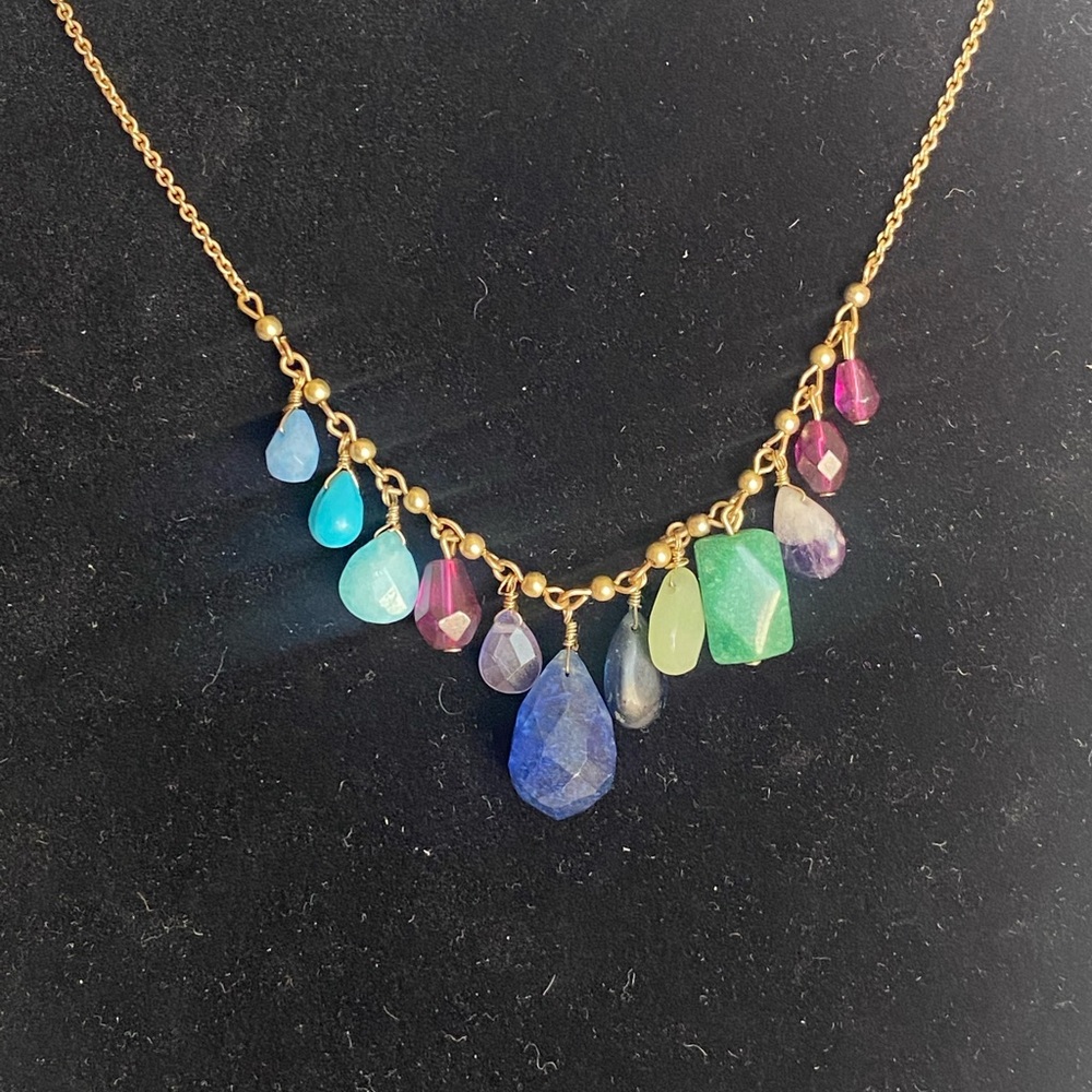 Gold tone faux  gemstones necklace purple green blue stones